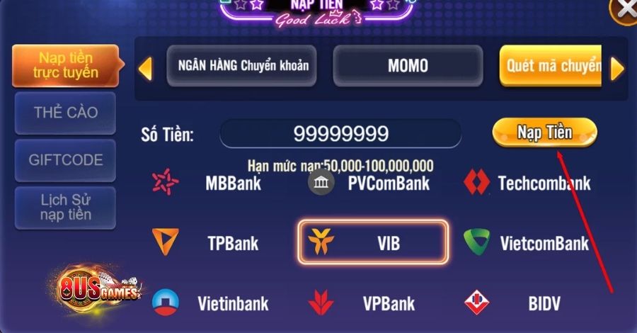 Lựa chọn phương thức thích hợp để tiến hành giao dịch nạp tiền 8US để chơi game
