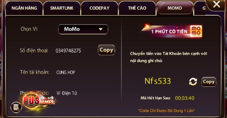 Sau khi đã nạp tiền thành công bạn có thể chọn trò chơi Tài Xỉu